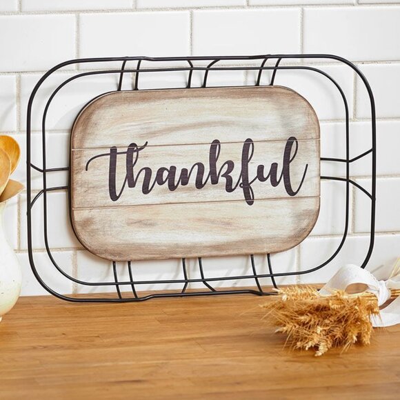 Thankful Farmhouse Decor Metal and Wood Tray 18.75 Inches - Picture 1 of 5